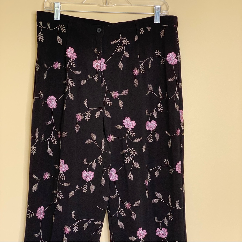 Embroidered Trousers Women Size 12‎ Black Pink Floral Pants Y2K Cottage Garden